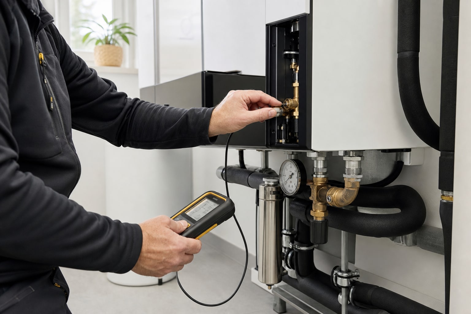 Anlagenmechaniker prüft eine moderne Heizungsanlage mit einem Messgerät