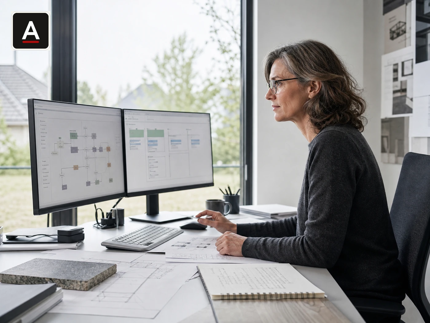 Verantwortliche für Office und KI-Operations prüft digitale Arbeitsabläufe an zwei Bildschirmen