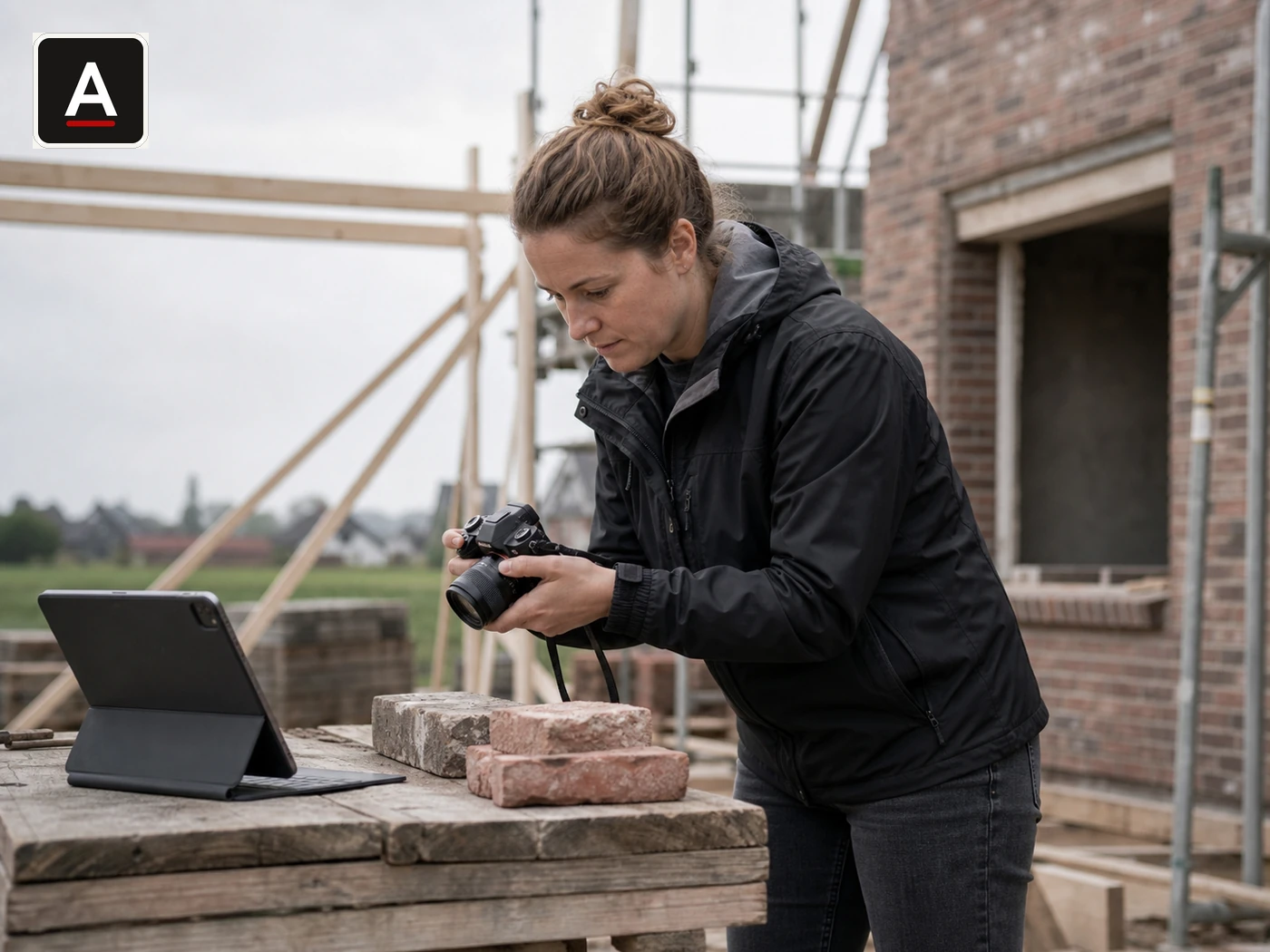 Social-Media-Managerin fotografiert ein Baudetail auf einer Baustelle