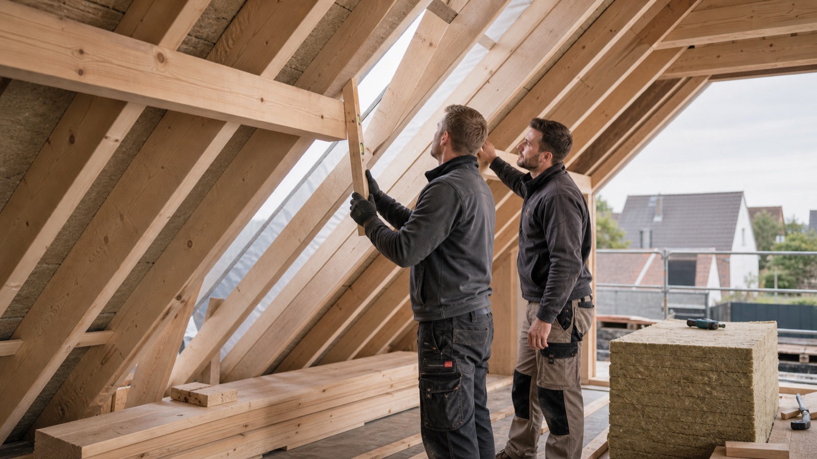 Zimmerer arbeitet konzentriert an einer Holzkonstruktion